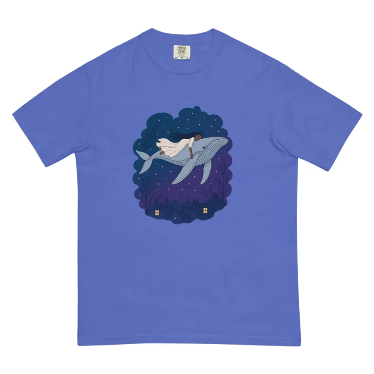 The Whale Over the Rooftops Tee in Flo Blue.