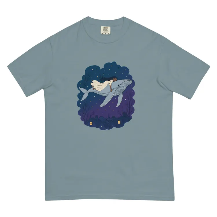 The Whale Over the Rooftops Tee in Ice Blue.
