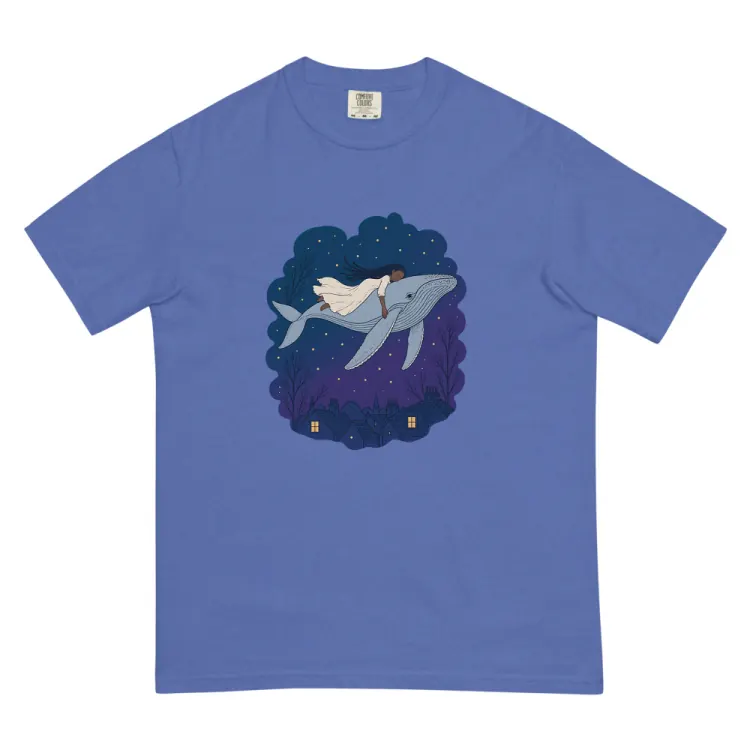 The Whale Over the Rooftops Tee in Mystic Blue.