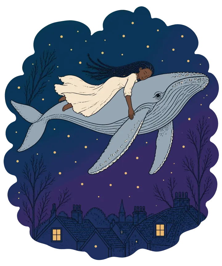 Print artwork: a woman with long box braids, in a long cream nightgown, sleeps stretched along the back of a pale grey-blue humpback whale that swims through the night air, one arm hanging over its flipper. Below them is a row of dark rooftops and chimneys with a church spire, and two windows are lit yellow. Gold stars cover a deep blue sky that turns violet toward the roofs, with bare trees at either side.