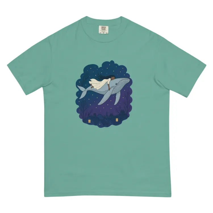 The Whale Over the Rooftops Tee in Seafoam.