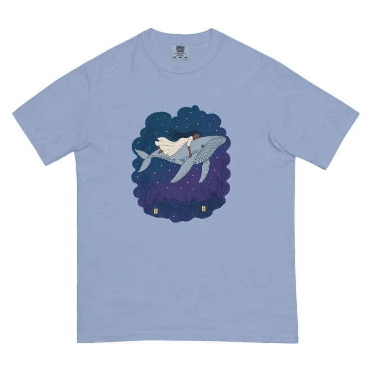 The Whale Over the Rooftops Tee in Washed Denim.