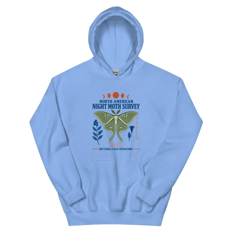The North American Night Moth Survey Hoodie in Carolina Blue.
