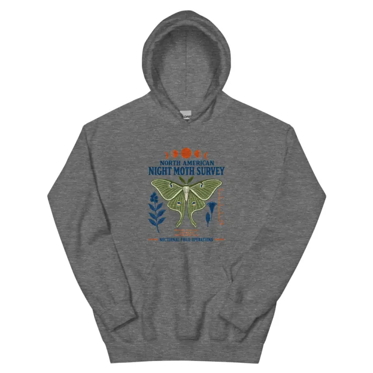 The North American Night Moth Survey Hoodie in Graphite Heather.
