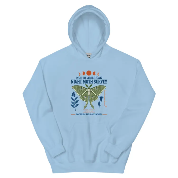The North American Night Moth Survey Hoodie in Light Blue.