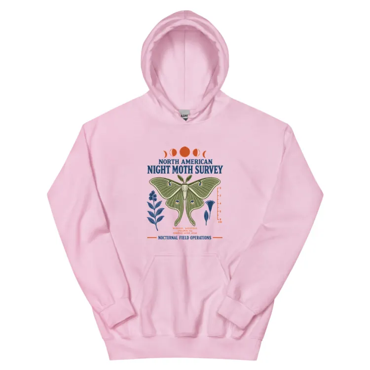 The North American Night Moth Survey Hoodie in Light Pink.