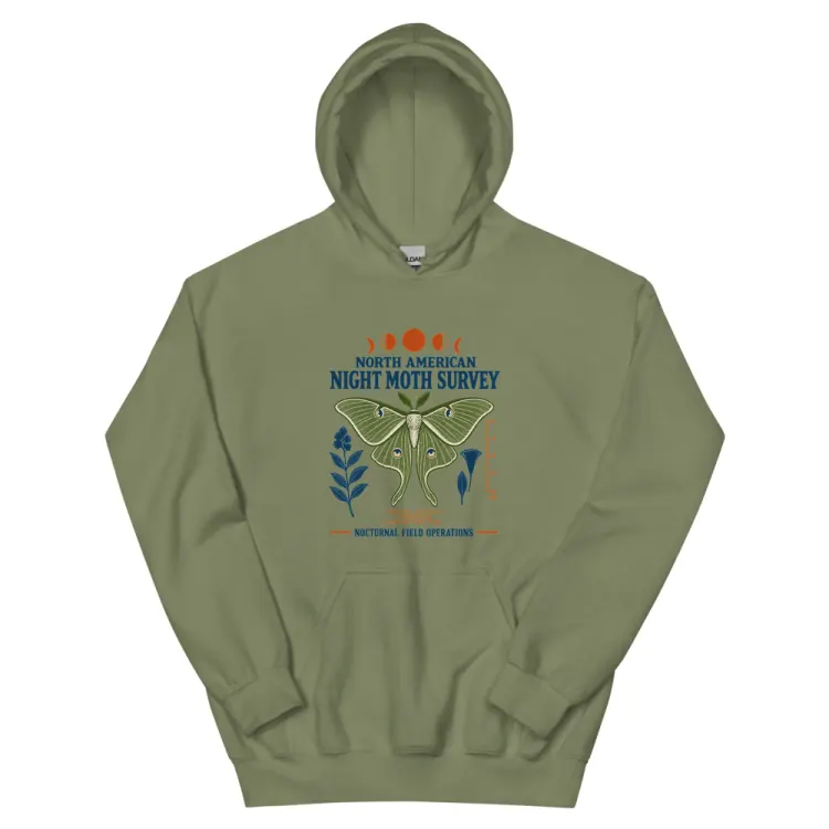 The North American Night Moth Survey Hoodie in Military Green.