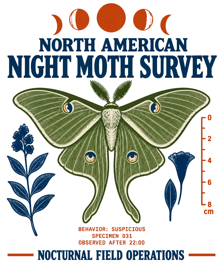 Print artwork: a pale green luna moth with its wings spread, under a row of five orange moon phases and the navy title North American Night Moth Survey. Navy wildflowers stand on each side, and an orange ruler on the right is marked 0, 2, 4, 6 and 8 cm. Orange typed notes under the moth read Behavior: suspicious, Specimen 031, Observed after 22:00. Along the bottom, between two orange rules: Nocturnal Field Operations.