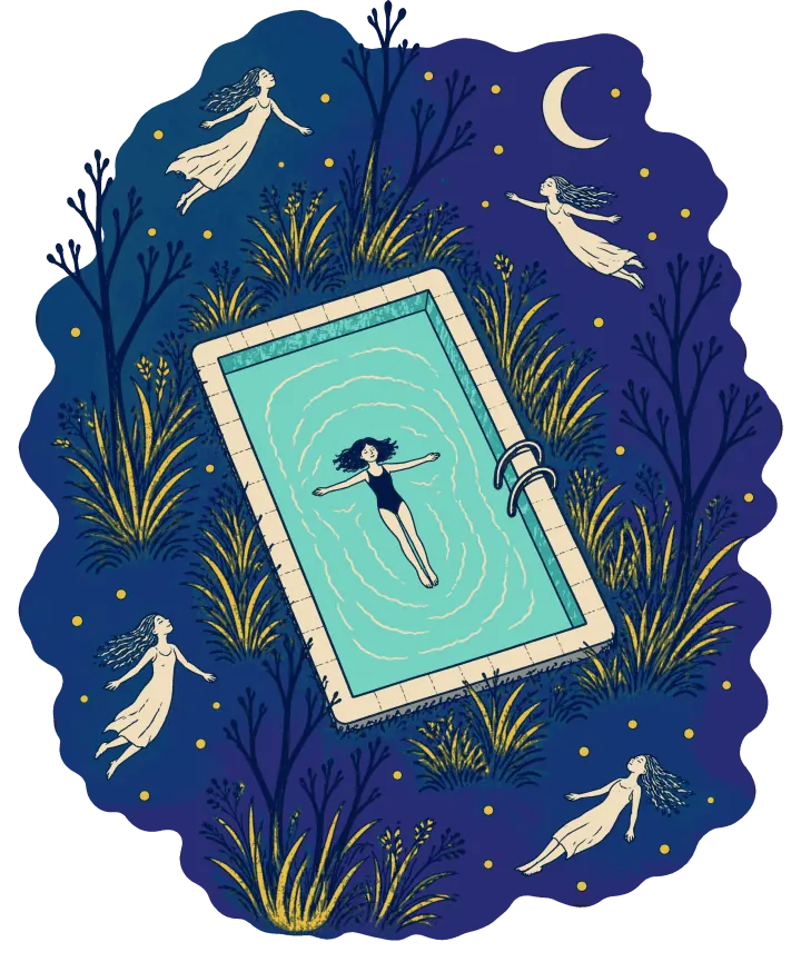 Print artwork: a small swimming pool seen from above at night, its water glowing pale aqua, with one figure in a black swimsuit floating on her back in the middle, arms out. Tall wild grass and thin bare saplings grow around the pool, and five pale figures in long gowns float through the dark blue sky around it under a crescent moon.