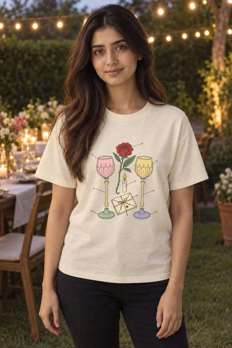 AI-generated image of a fictional model wearing the Anatomy of an Anniversary Tee in Ivory, size S, at 5′3″ tall.