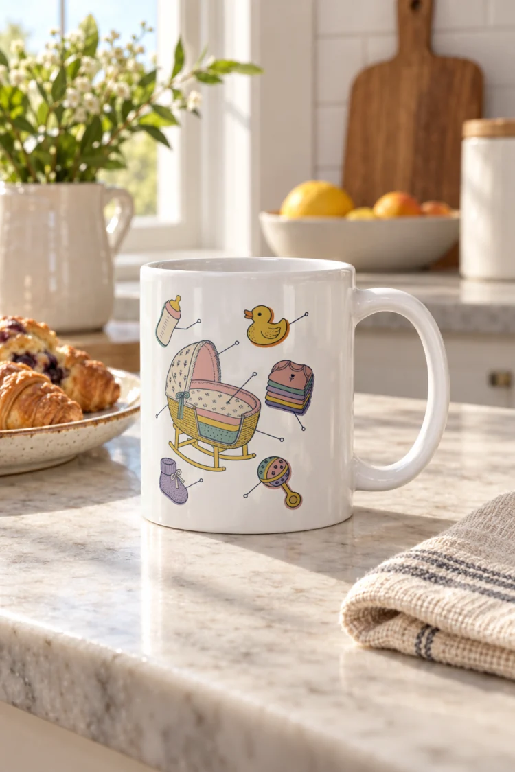 AI-generated image of the Anatomy of a Baby Shower Mug in White in a styled setting.
