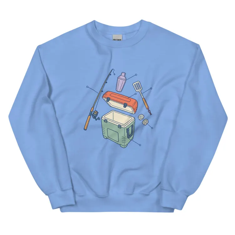 The Anatomy of a Bachelor Party Crewneck in Carolina Blue.