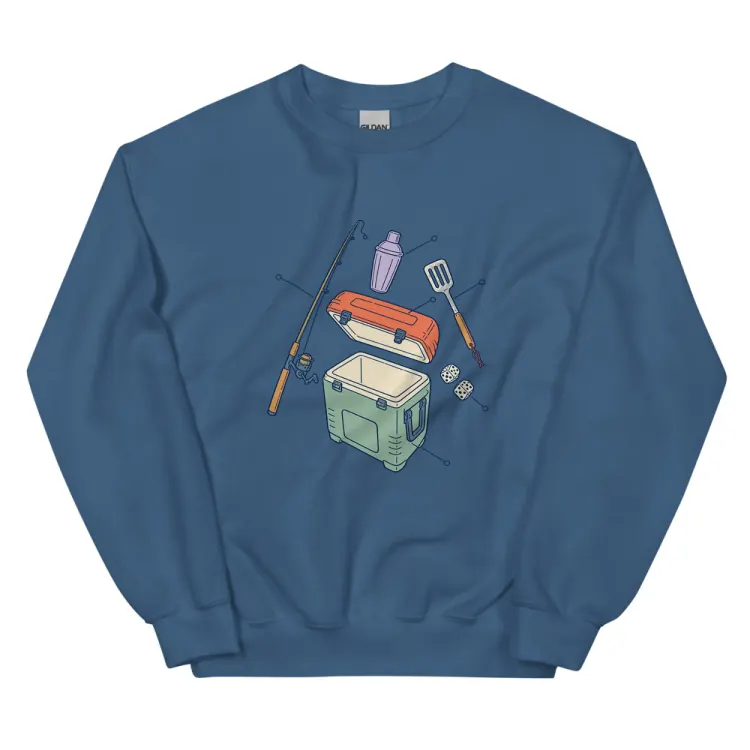 The Anatomy of a Bachelor Party Crewneck in Indigo Blue.