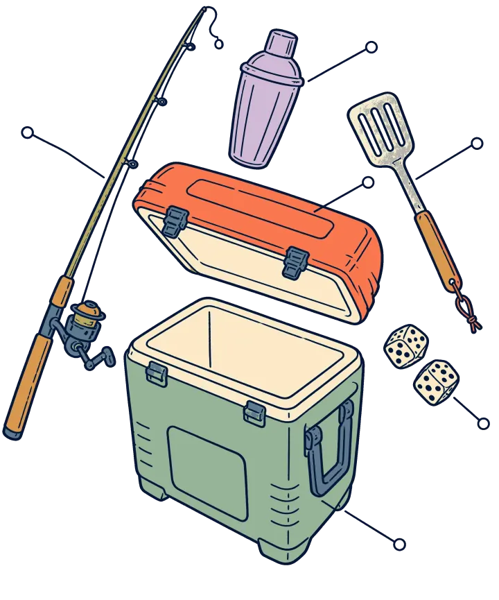 Print artwork: a green cooler with its orange lid lifted off, a fishing rod, a grill spatula, a cocktail shaker and a pair of dice floating around it. Thin label lines with small open circles at their ends point to each part.
