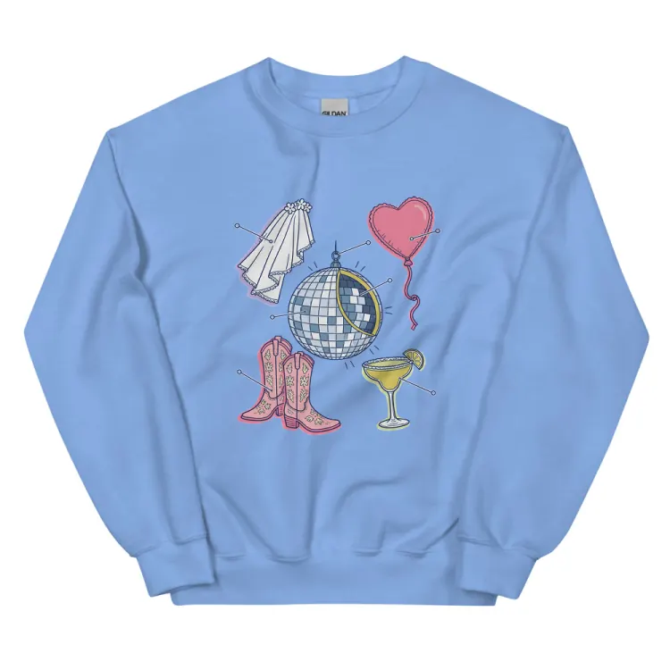 The Anatomy of a Bachelorette Crewneck in Carolina Blue.