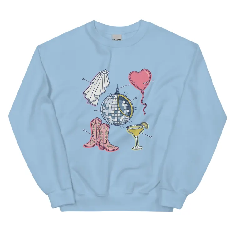 The Anatomy of a Bachelorette Crewneck in Light Blue.