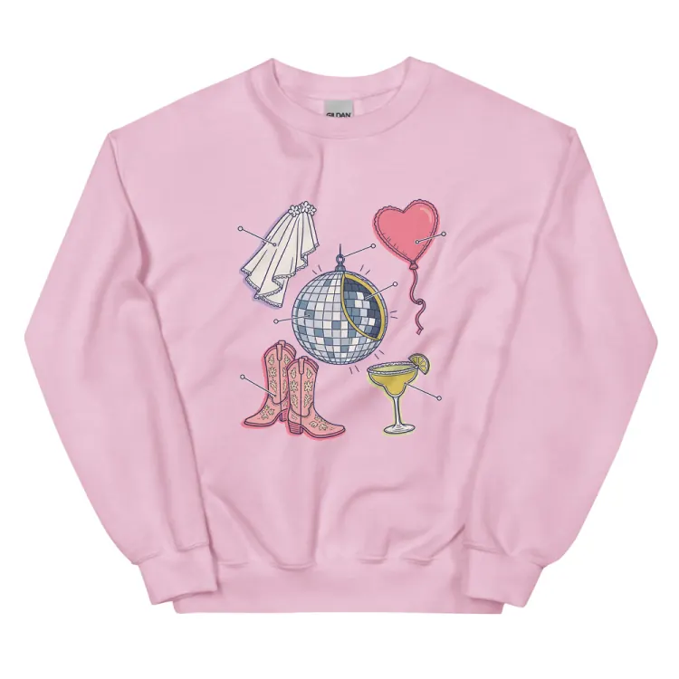 The Anatomy of a Bachelorette Crewneck in Light Pink.