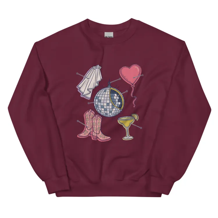The Anatomy of a Bachelorette Crewneck in Maroon.