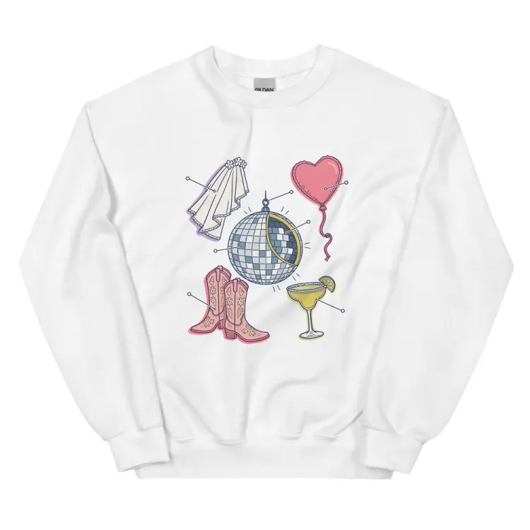 The Anatomy of a Bachelorette Crewneck in White.