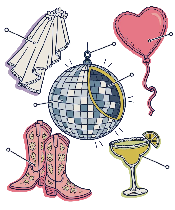 Print artwork: a mirrored disco ball cut open to show its tiles, with a lace veil, a pair of pink cowboy boots with embroidered flowers, a margarita with a lime on the rim and a pink heart-shaped balloon floating around it. Thin label lines with small open circles at their ends point to each part.