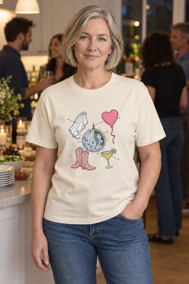 AI-generated image of a fictional model wearing the Anatomy of a Bachelorette Tee in Ivory, size M, at 5′5″ tall.