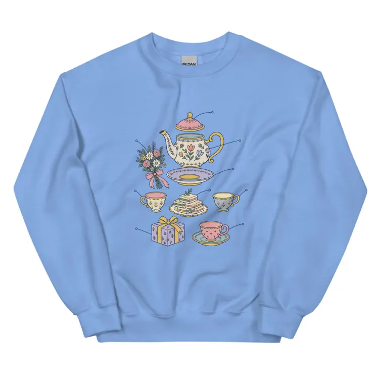 The Anatomy of a Bridal Shower Crewneck in Carolina Blue.