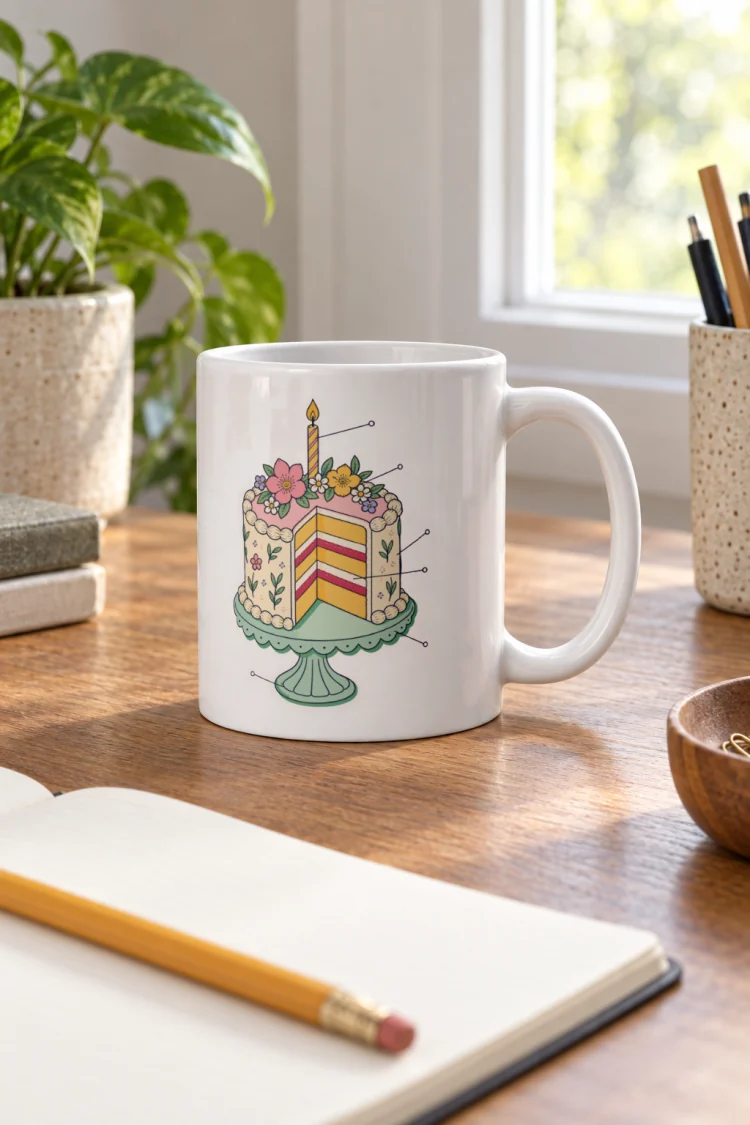 AI-generated image of the Anatomy of a Birthday Cake Mug in White in a styled setting.