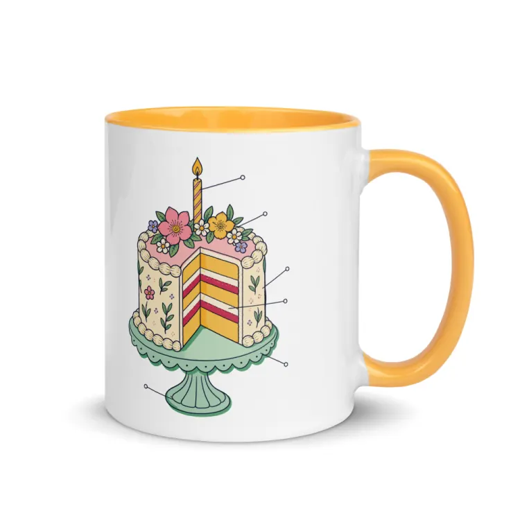 The Anatomy of a Birthday Cake Mug in Golden Yellow inside.