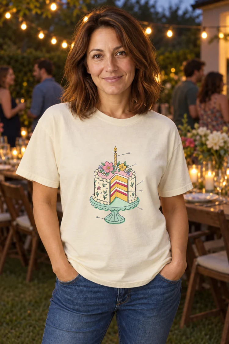 AI-generated image of a fictional model wearing the Anatomy of a Birthday Cake Tee in Ivory, size M, at 5′4″ tall.