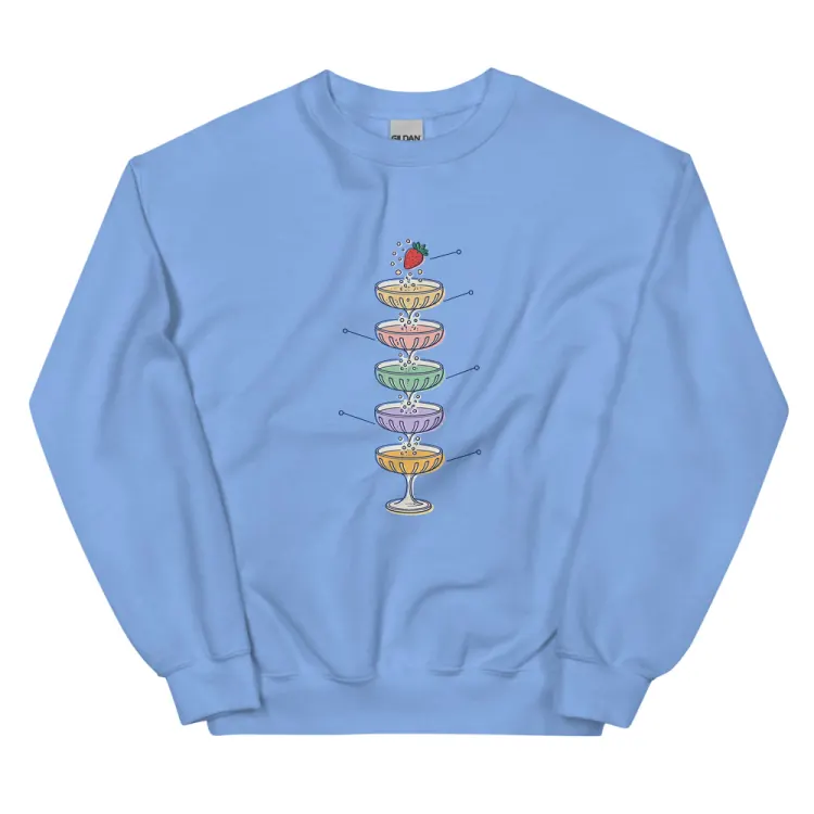 The Anatomy of a Champagne Tower Crewneck in Carolina Blue.