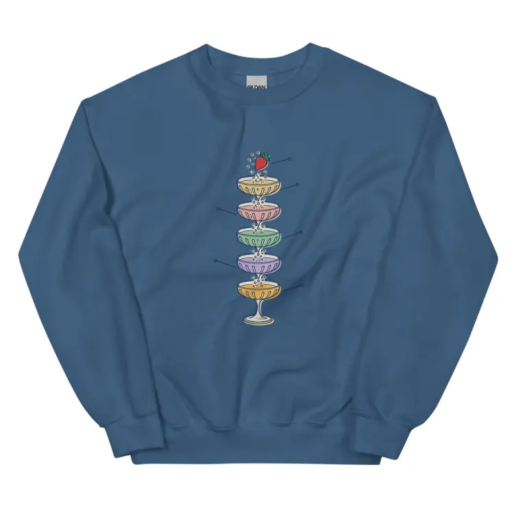 The Anatomy of a Champagne Tower Crewneck in Indigo Blue.