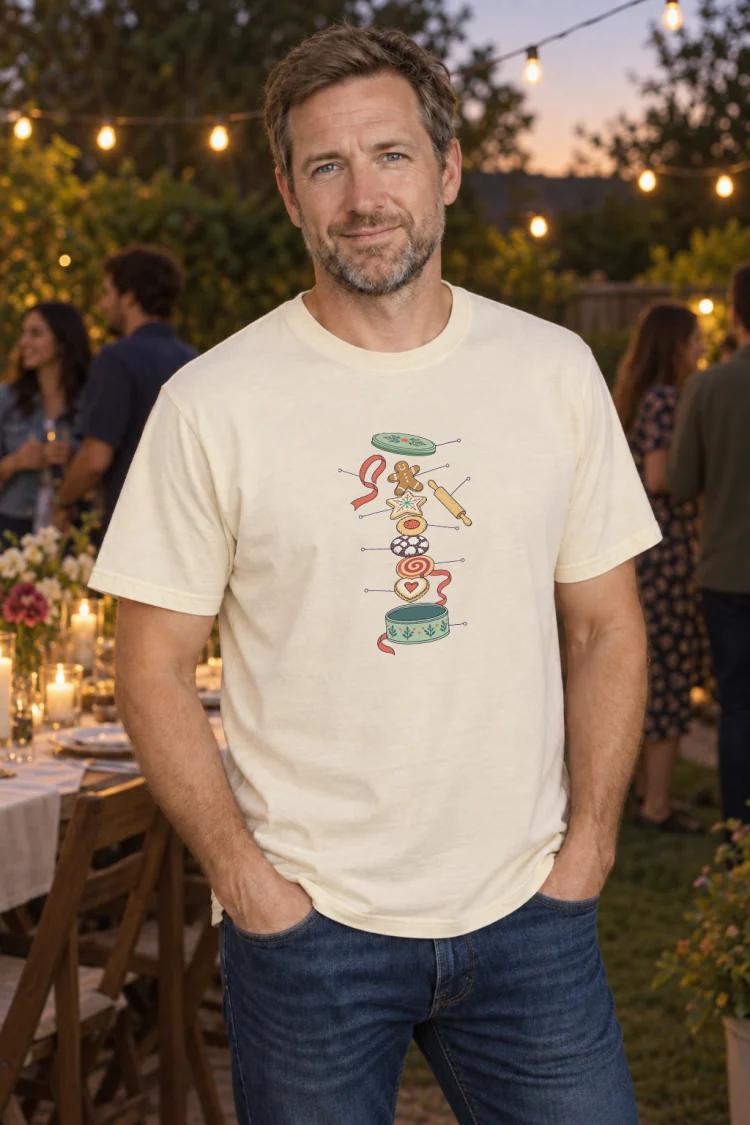 AI-generated image of a fictional model wearing the Anatomy of a Cookie Swap Tee in Ivory, size XL, at 5′11″ tall.