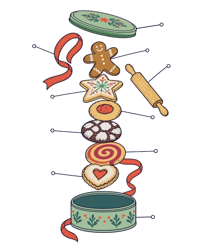 Print artwork: a stack of holiday cookies pulled apart like an exploded diagram between the lid and the bottom of a green cookie tin: a gingerbread man, an iced star, a jam thumbprint, a chocolate crinkle cookie, a pinwheel and a linzer heart, with a red ribbon and a rolling pin floating beside them and thin label lines ending in empty circles.