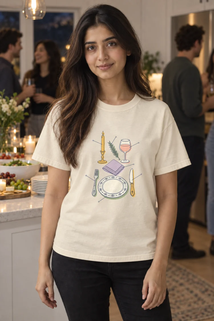 AI-generated image of a fictional model wearing the Anatomy of a Dinner Party Tee in Ivory, size S, at 5′3″ tall.