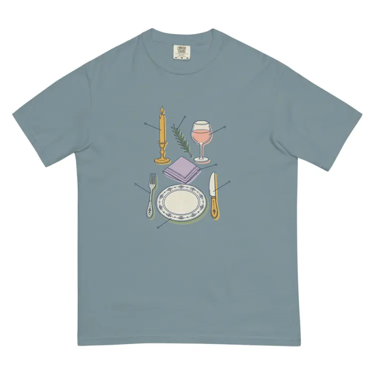 The Anatomy of a Dinner Party Tee in Ice Blue.