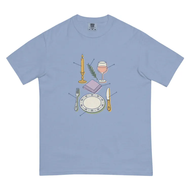 The Anatomy of a Dinner Party Tee in Washed Denim.