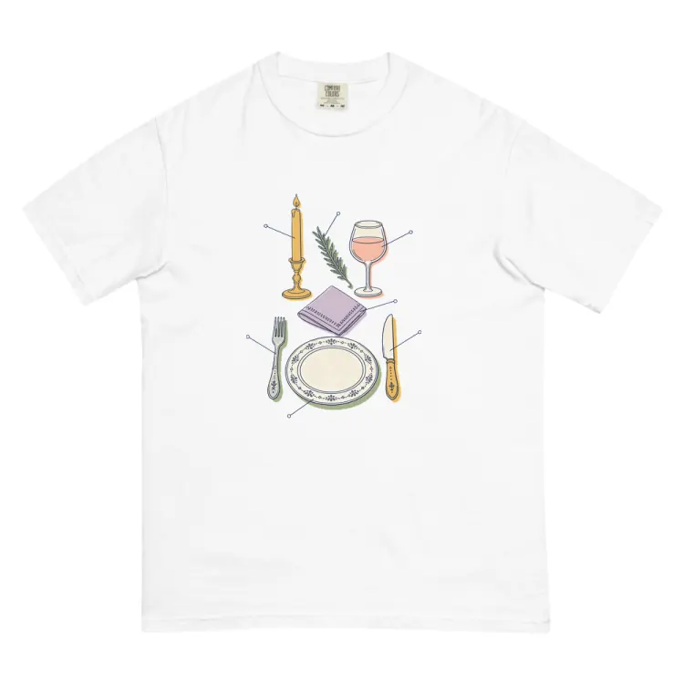 The Anatomy of a Dinner Party Tee in White.