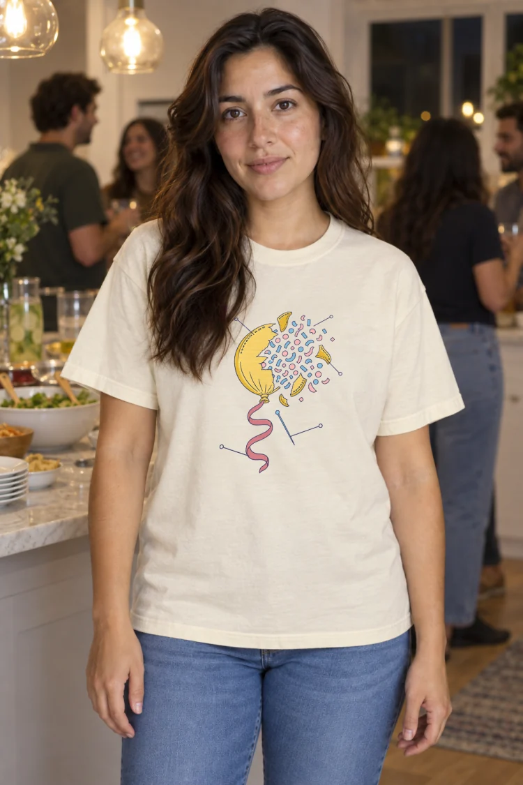 AI-generated image of a fictional model wearing the Anatomy of a Reveal Tee in Ivory, size M, at 5′4″ tall.