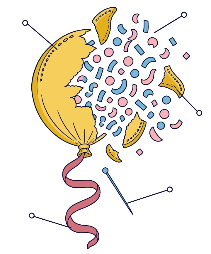 Print artwork: a big yellow balloon bursting apart, with pale pink and pale blue confetti flying out of it in an arc, the pin that popped it and a pink ribbon trailing below. Thin label lines with small open circles at their ends point to each part.
