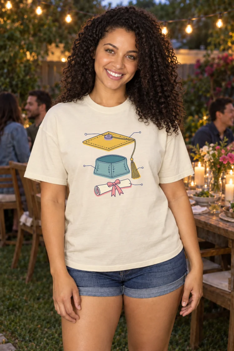AI-generated image of a fictional model wearing the Anatomy of a Graduation Tee in Ivory, size L, at 5′6″ tall.