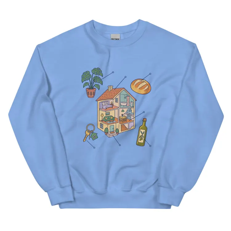The Anatomy of a Housewarming Crewneck in Carolina Blue.