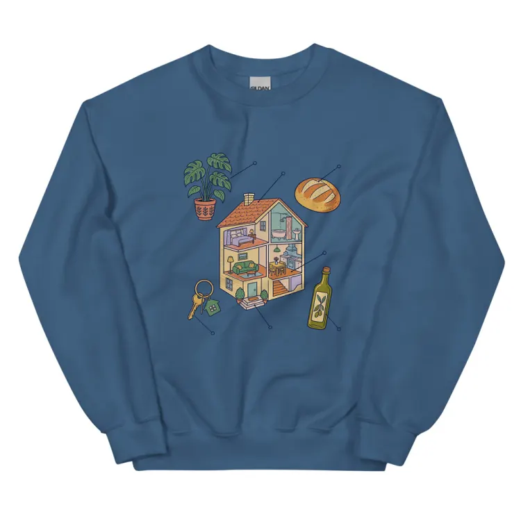 The Anatomy of a Housewarming Crewneck in Indigo Blue.
