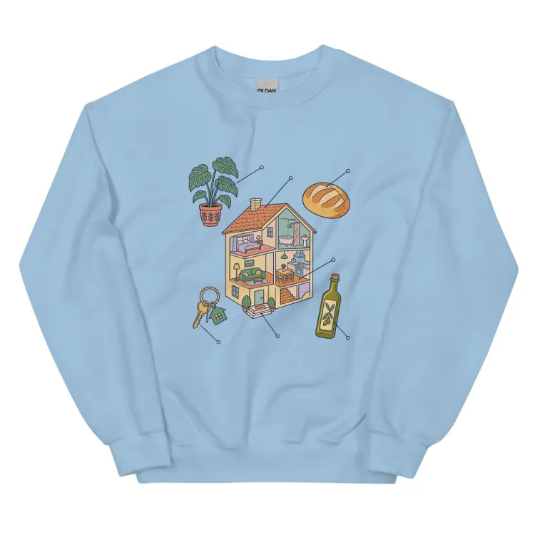 The Anatomy of a Housewarming Crewneck in Light Blue.