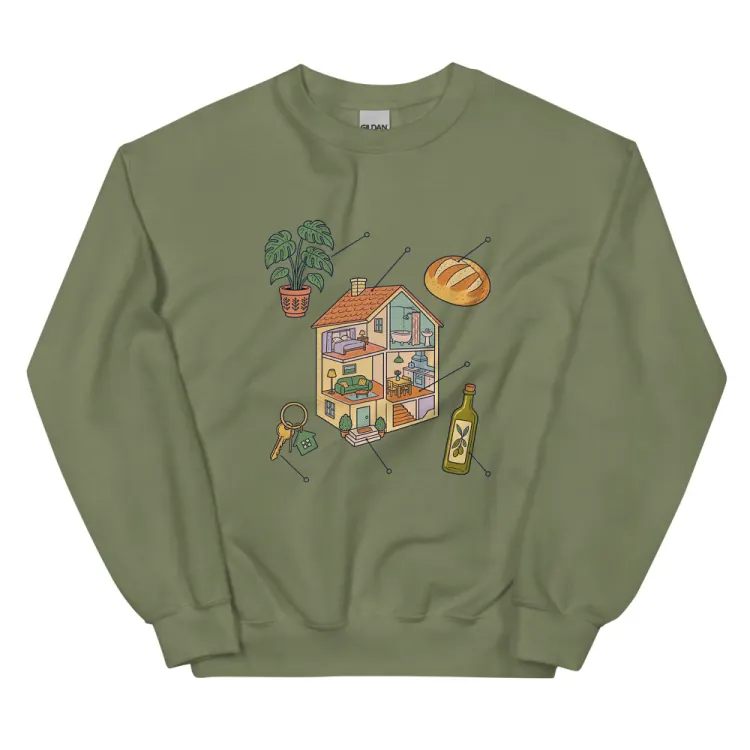 The Anatomy of a Housewarming Crewneck in Military Green.