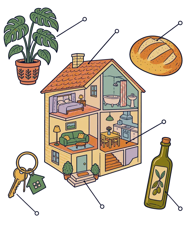 Print artwork: a small house cut away to show its rooms: a bedroom, a bathroom with a tub, a living room with a green sofa and a kitchen with a table, and around it a potted plant, a round loaf of bread, a set of keys on a ring with a little house tag and a bottle of olive oil. Thin label lines with small open circles at their ends point to each part.