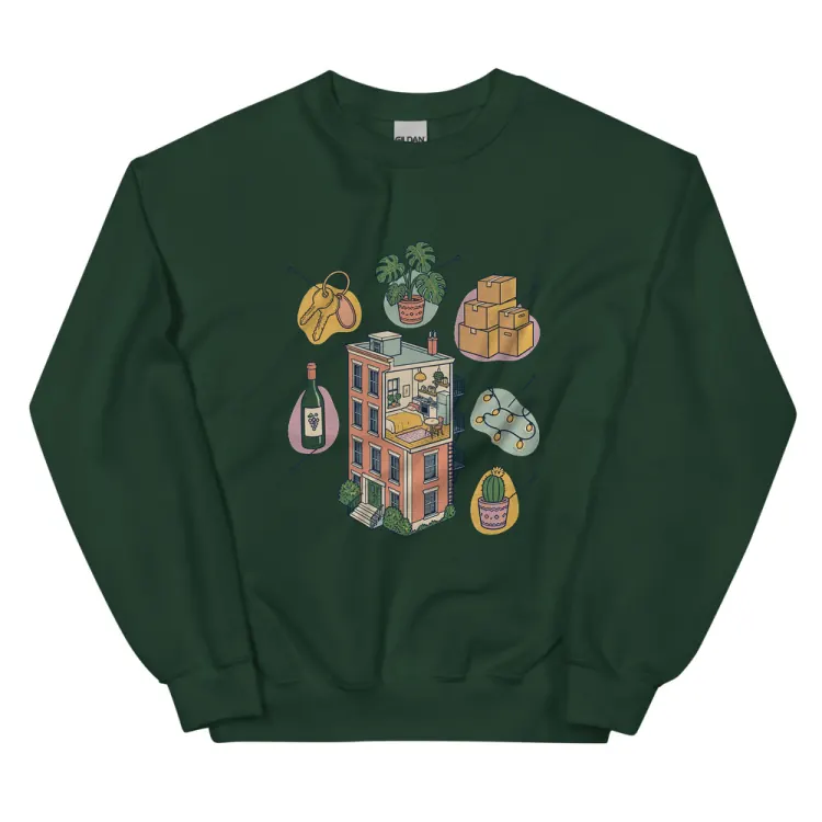 The Anatomy of an Apartment Housewarming Crewneck in Forest Green.