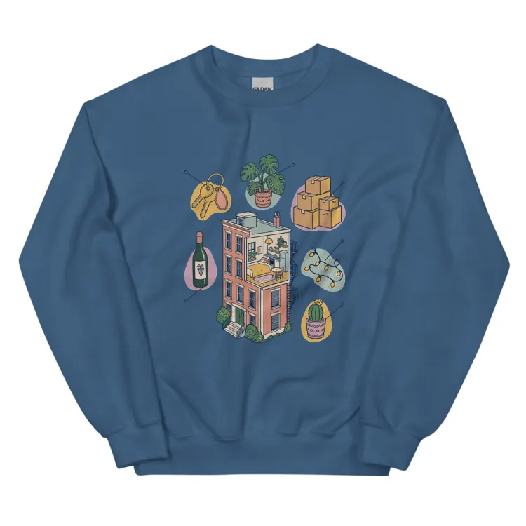 The Anatomy of an Apartment Housewarming Crewneck in Indigo Blue.