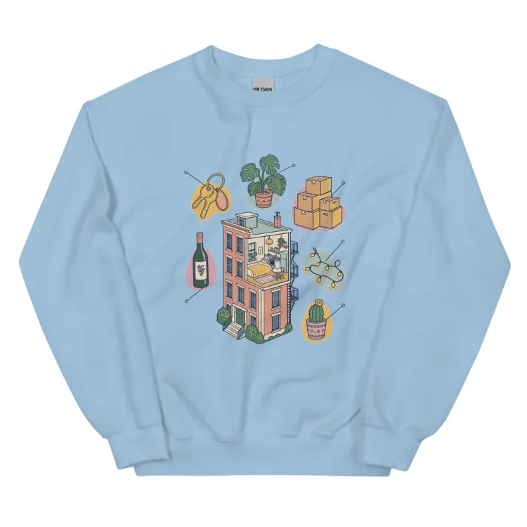 The Anatomy of an Apartment Housewarming Crewneck in Light Blue.