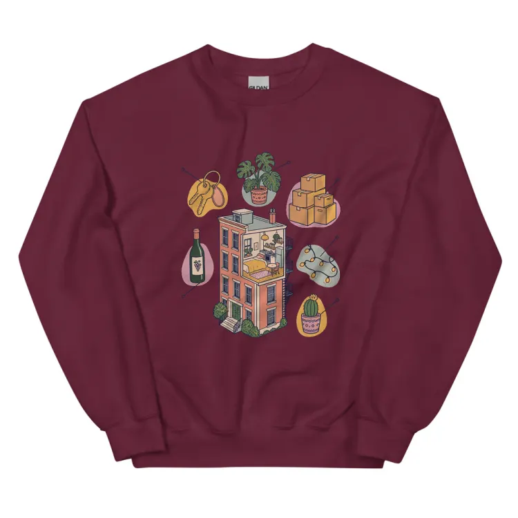 The Anatomy of an Apartment Housewarming Crewneck in Maroon.