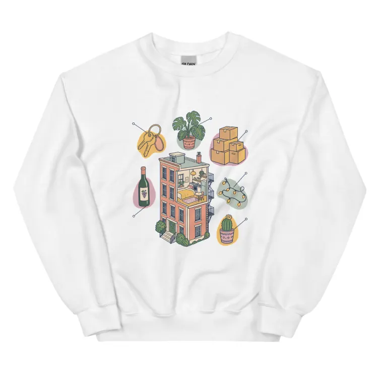 The Anatomy of an Apartment Housewarming Crewneck in White.
